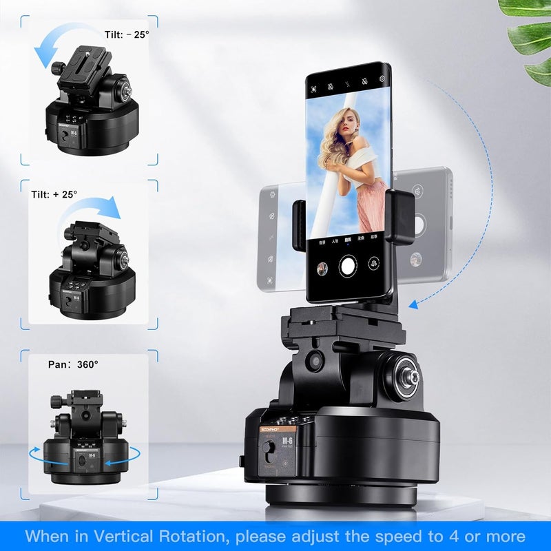 soonpho M6 Auto Face Tracking Motorized Rotating Panoramic Tripod Head, Remote Control 360° Pan Tilt Head with Mobile Phone Clip for DSLR Cameras, Camcorders, Smartphones, Tripod - Image 5